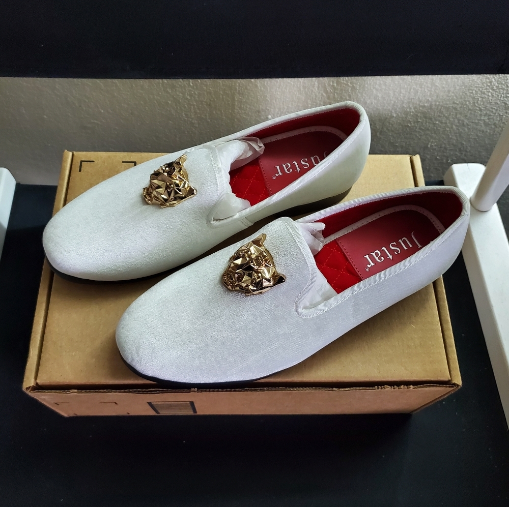 JUSTAR Mens White Velvet Loafers Slip on Size 8 - Picture 6 of 11